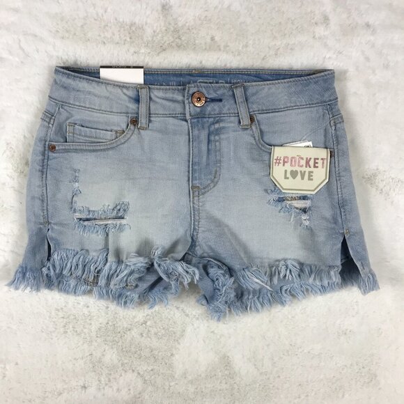 VANILLA STAR Distressed Light Blue Embroidered Pocket Hi-Low Jean Shorts 11 - Picture 2 of 8